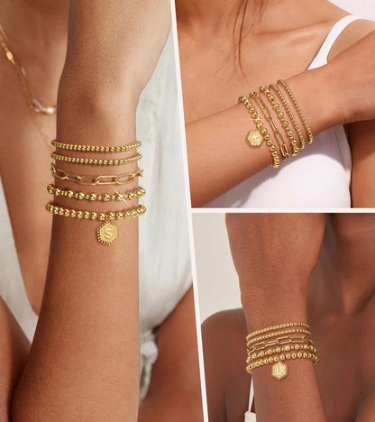 14K Gold Plated Initial Bead Ball Bracelets